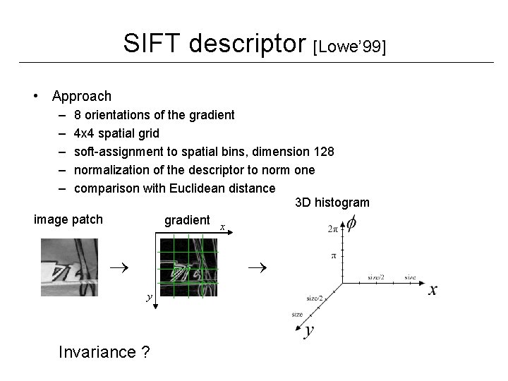 SIFT descriptor [Lowe’ 99] • Approach – – – 8 orientations of the gradient