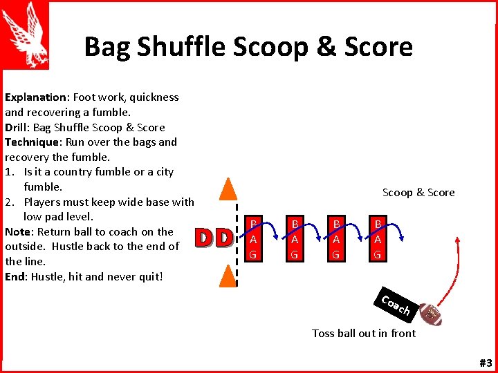 Bag Shuffle Scoop & Score Explanation: Foot work, quickness and recovering a fumble. Drill: