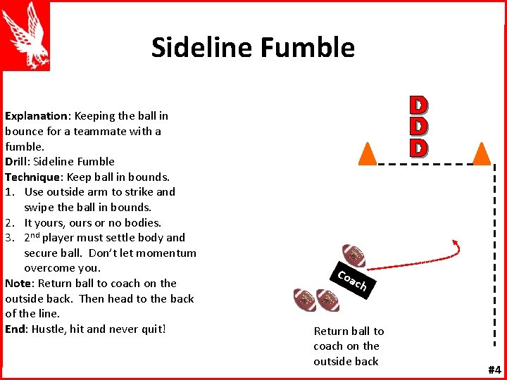 Sideline Fumble Explanation: Keeping the ball in bounce for a teammate with a fumble.