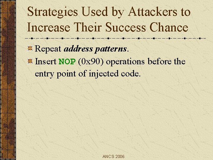 Strategies Used by Attackers to Increase Their Success Chance Repeat address patterns. Insert NOP