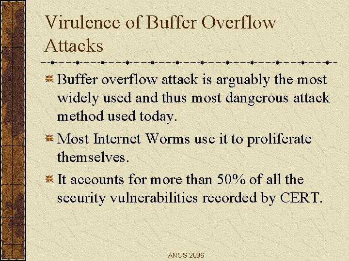 Virulence of Buffer Overflow Attacks Buffer overflow attack is arguably the most widely used