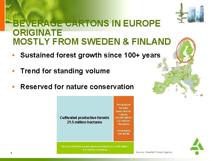 BEVERAGE CARTONS IN EUROPE ORIGINATE MOSTLY FROM SWEDEN & FINLAND • Sustained forest growth