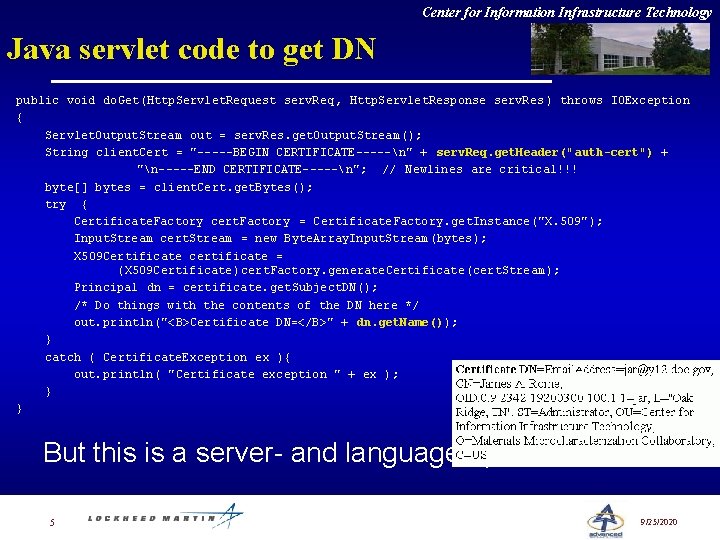Center for Information Infrastructure Technology Java servlet code to get DN public void do.