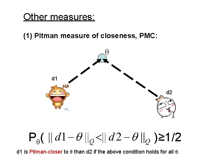 Other measures: (1) Pitman measure of closeness, PMC: θ d 1 d 2 P