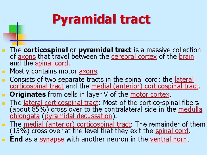 Pyramidal tract n n n n The corticospinal or pyramidal tract is a massive Pyramidal tract n n n n The corticospinal or pyramidal tract is a massive