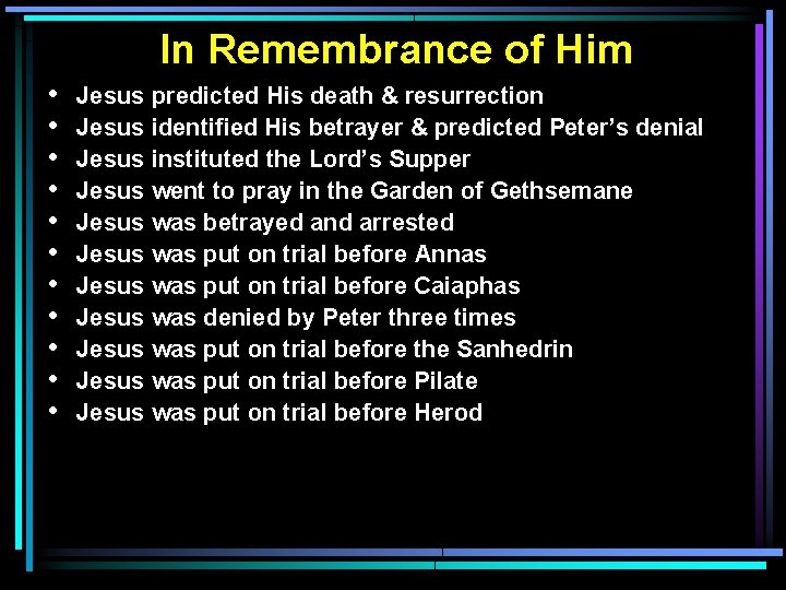 In Remembrance of Him • • • Jesus predicted His death & resurrection Jesus