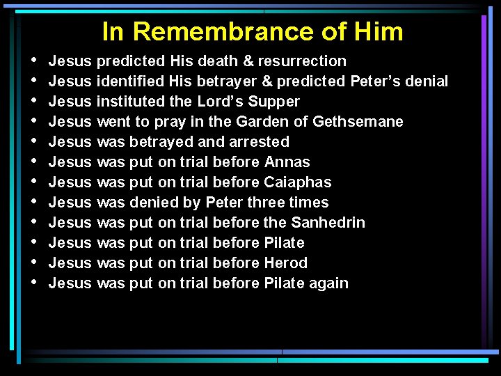 In Remembrance of Him • • • Jesus predicted His death & resurrection Jesus