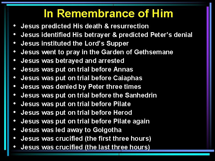 In Remembrance of Him • • • • Jesus predicted His death & resurrection