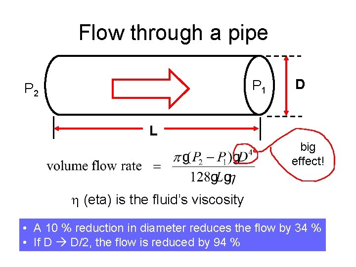Flow through a pipe P 1 P 2 D L big effect! (eta) is