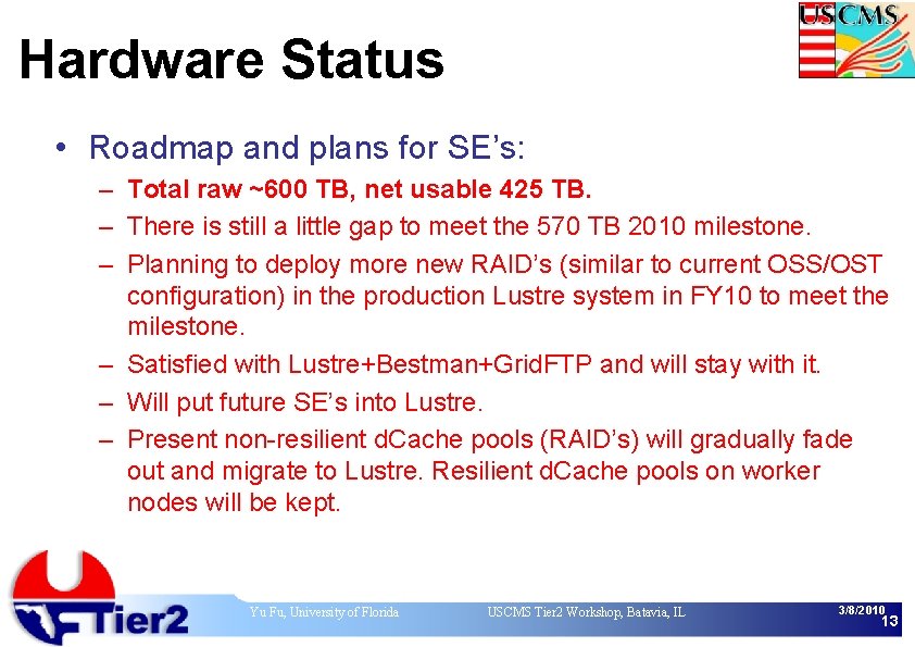 Hardware Status • Roadmap and plans for SE’s: – Total raw ~600 TB, net