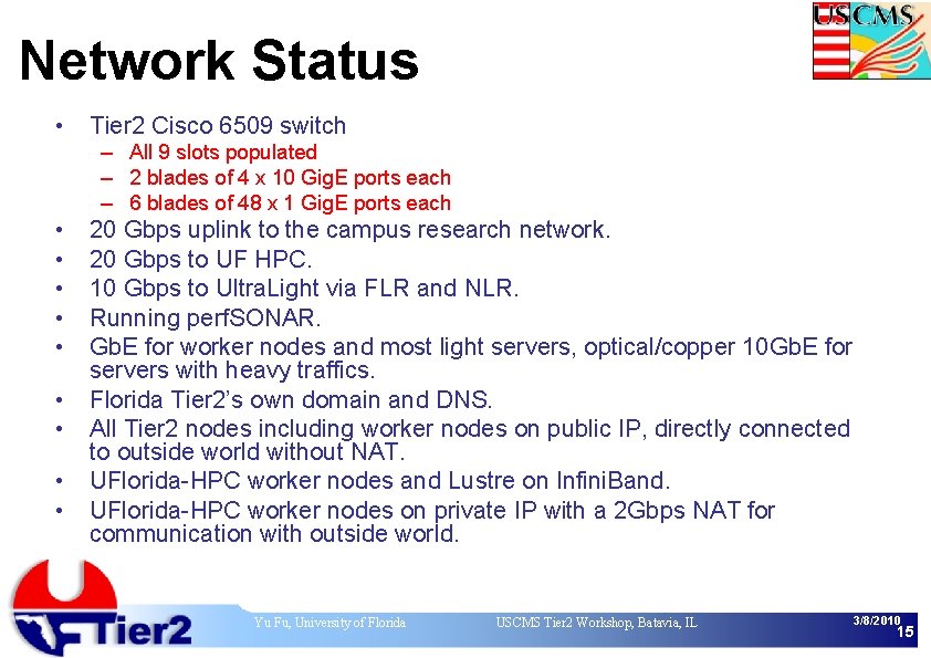 Network Status • Tier 2 Cisco 6509 switch – All 9 slots populated –