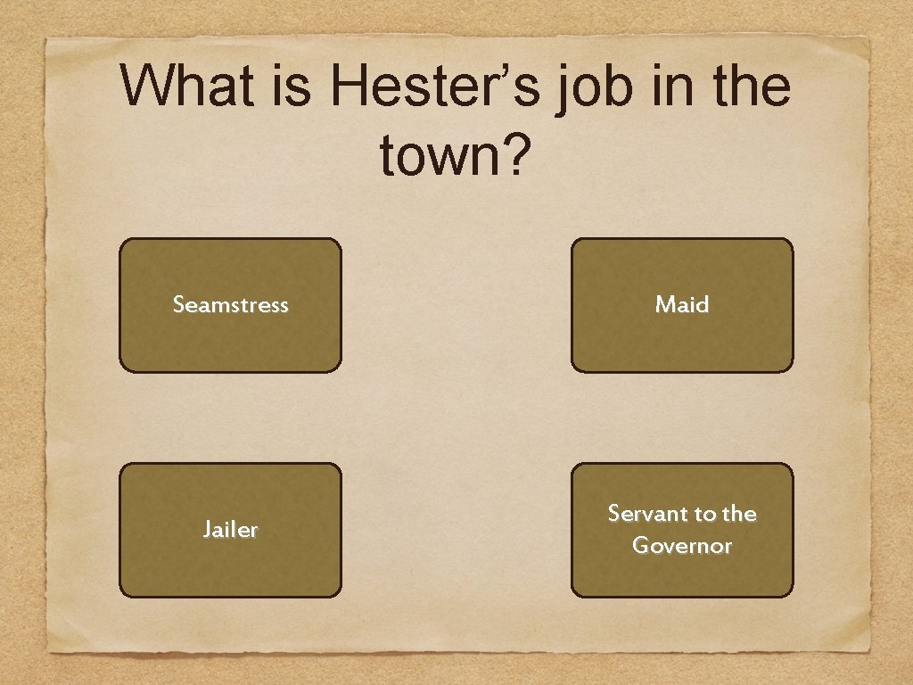 What is Hester’s job in the town? Seamstress Maid Jailer Servant to the Governor