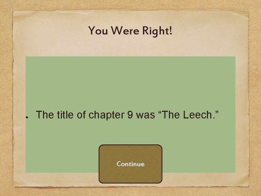 You Were Right! The title of chapter 9 was “The Leech. ” Continue 