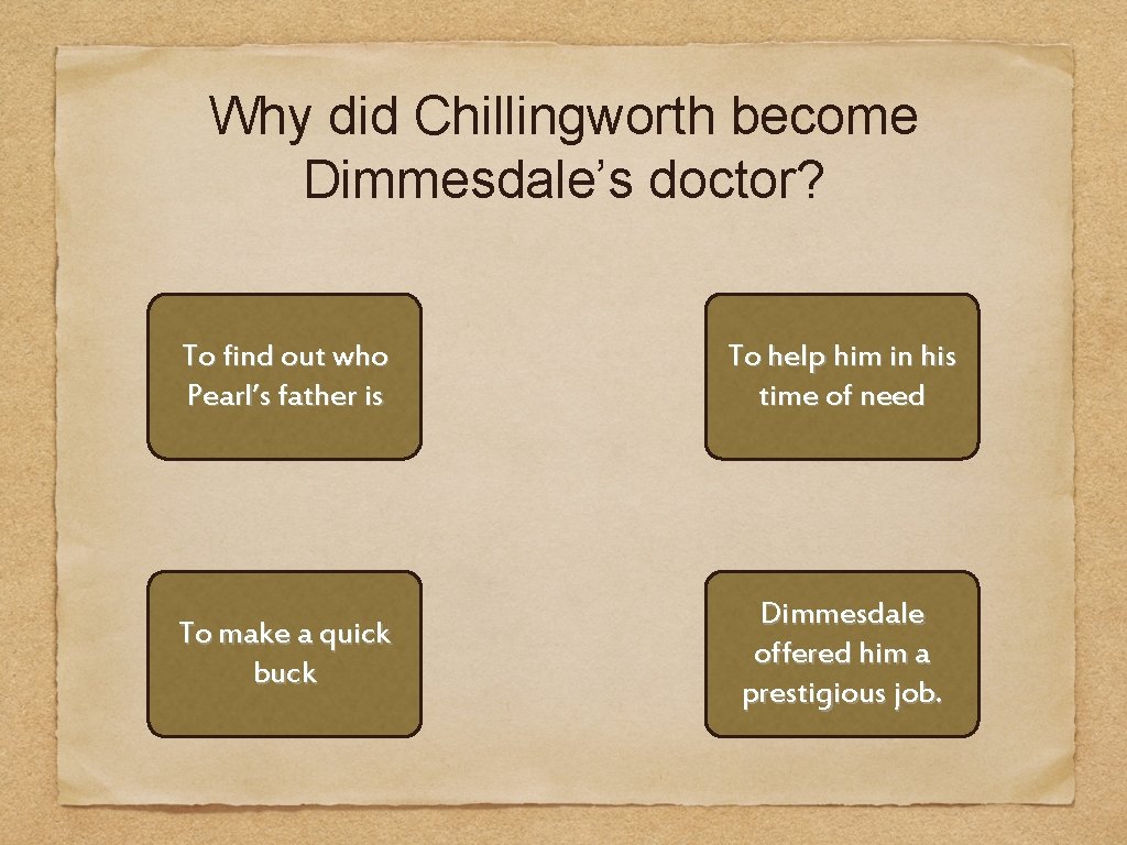 Why did Chillingworth become Dimmesdale’s doctor? To find out who Pearl’s father is To