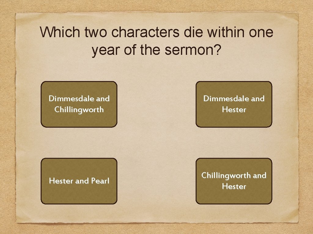 Which two characters die within one year of the sermon? Dimmesdale and Chillingworth Dimmesdale