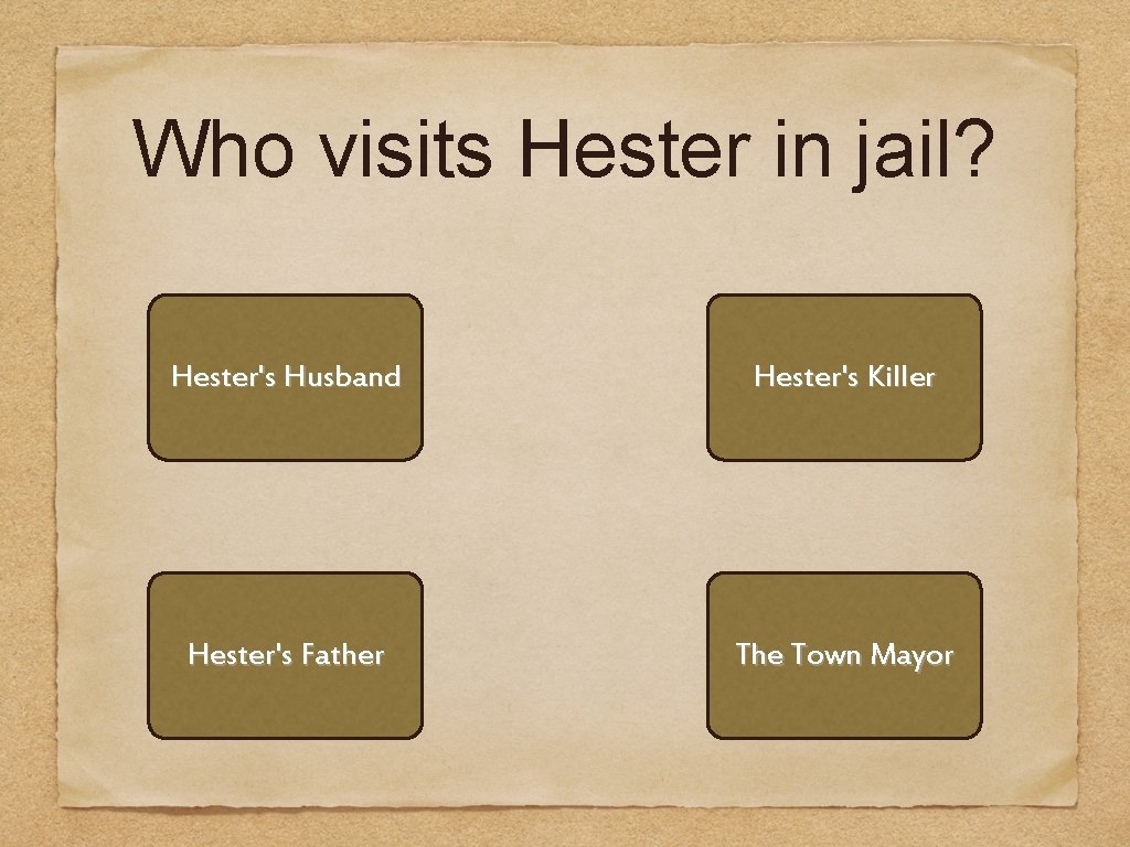 Who visits Hester in jail? Hester's Husband Hester's Killer Hester's Father The Town Mayor