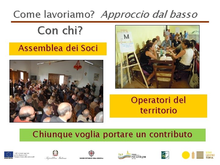 Come lavoriamo? Approccio dal basso Con chi? Assemblea dei Soci Operatori del territorio Chiunque