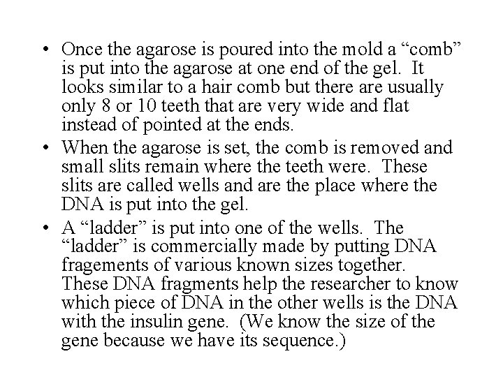 • Once the agarose is poured into the mold a “comb” is put • Once the agarose is poured into the mold a “comb” is put