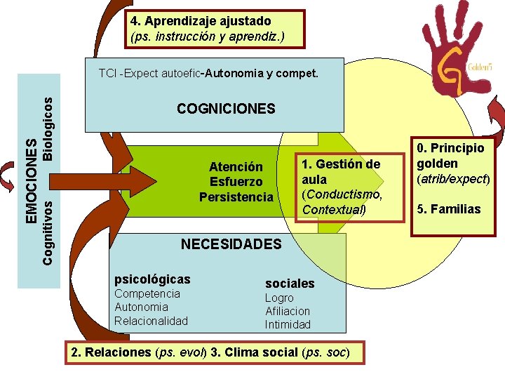 4. Aprendizaje ajustado (ps. instrucción y aprendiz. ) Biologicos Cognitivos EMOCIONES TCI -Expect autoefic-Autonomia