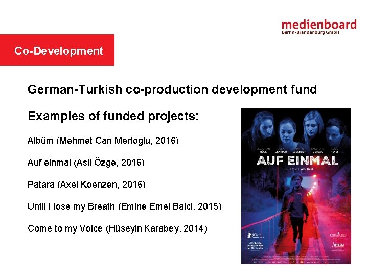 MEDIENBOARD IN SHORT Co-Development German-Turkish co-production development fund Examples of funded projects: Albüm (Mehmet