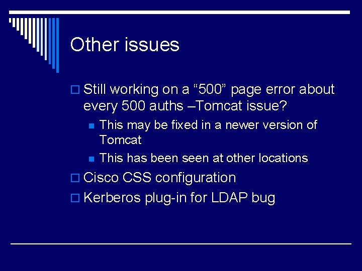 Other issues o Still working on a “ 500” page error about every 500