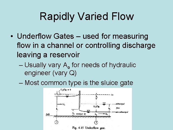 Rapidly Varied Flow • Underflow Gates – used for measuring flow in a channel