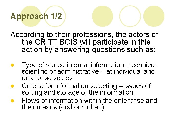 Approach 1/2 According to their professions, the actors of the CRITT BOIS will participate