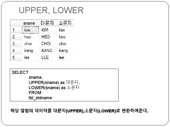 UPPER, LOWER SELECT sname, UPPER(sname) as 대문자, LOWER(sname) as 소문자 FROM tbl_stdname 해당 컬럼의