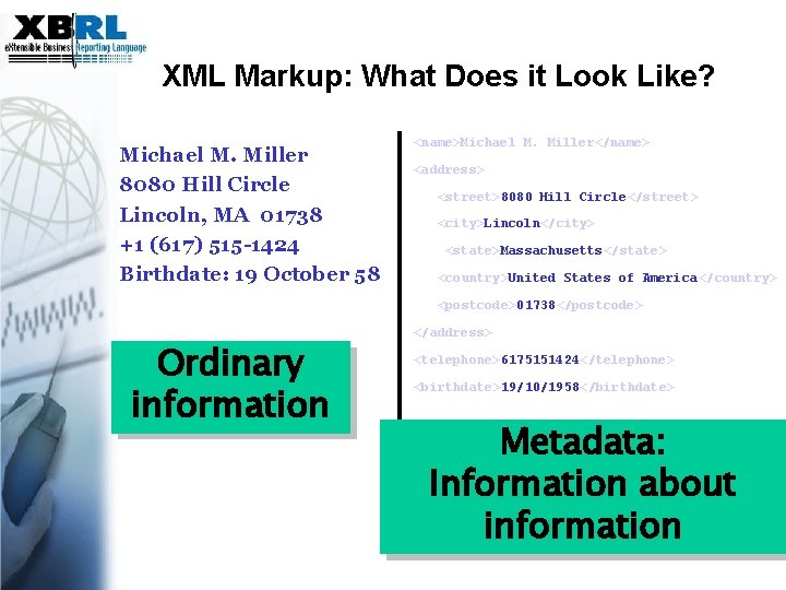 XML Markup: What Does it Look Like? Michael M. Miller 8080 Hill Circle Lincoln,