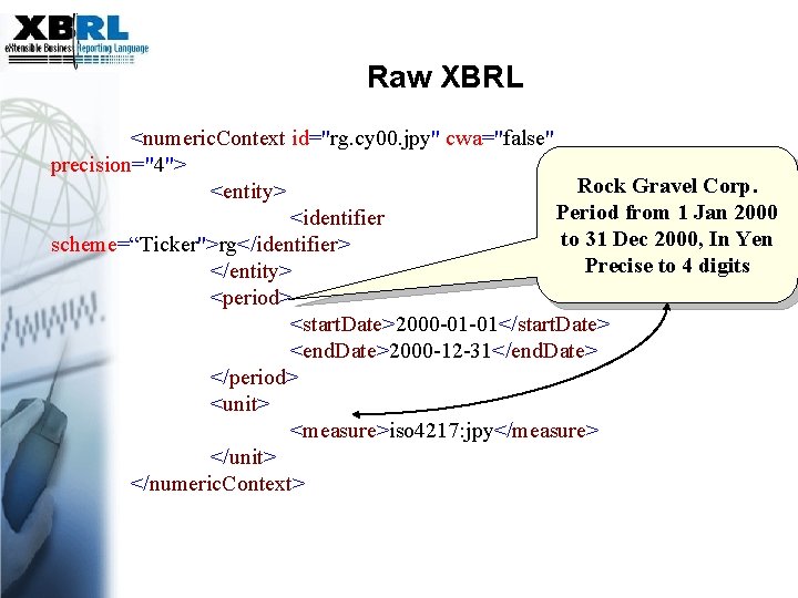 Raw XBRL <numeric. Context id="rg. cy 00. jpy" cwa="false" precision="4"> Rock Gravel Corp. <entity>