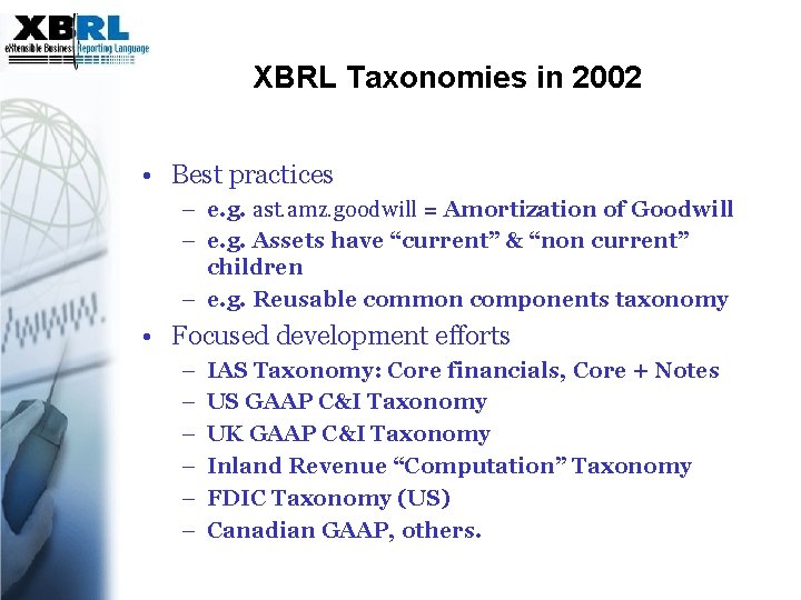 XBRL Taxonomies in 2002 • Best practices – e. g. ast. amz. goodwill =