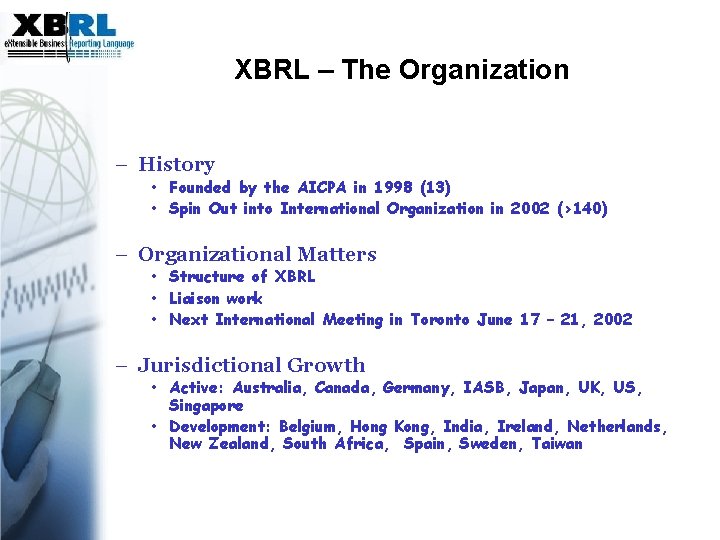 XBRL – The Organization – History • Founded by the AICPA in 1998 (13)