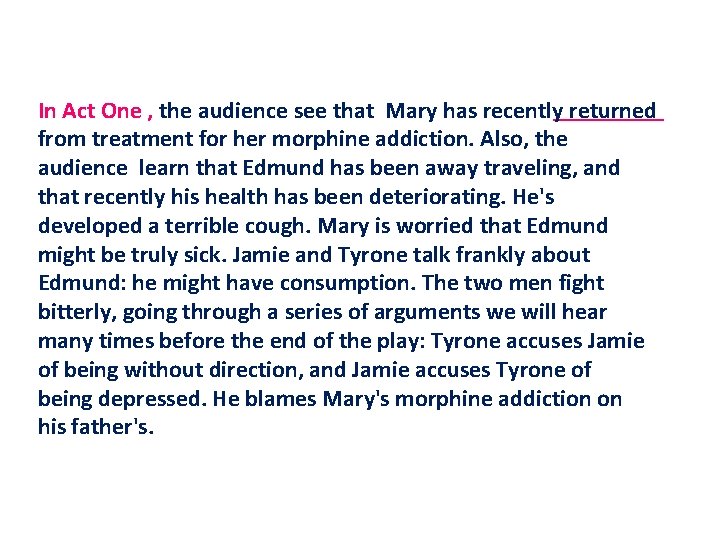 In Act One , the audience see that Mary has recently returned from treatment