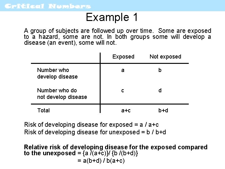 Example 1 A group of subjects are followed up over time. Some are exposed