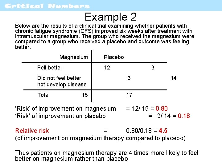 Example 2 Below are the results of a clinical trial examining whether patients with