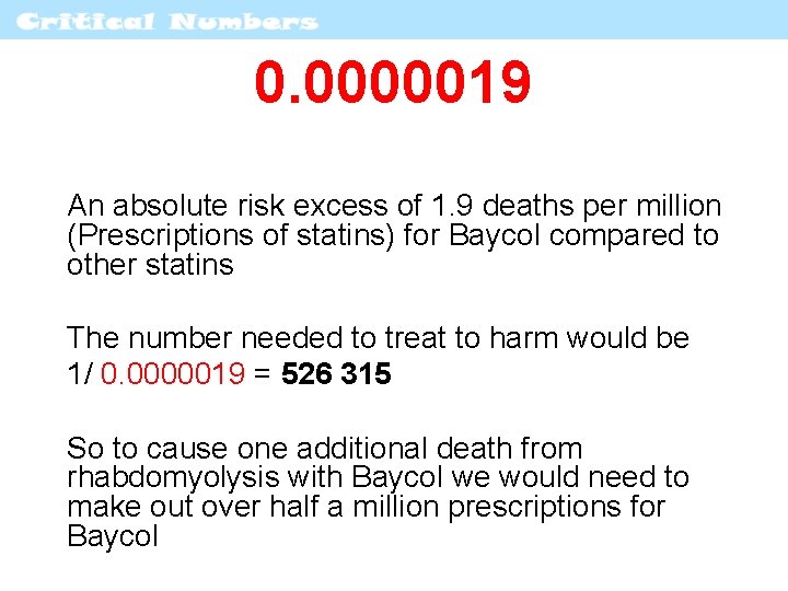 0. 0000019 An absolute risk excess of 1. 9 deaths per million (Prescriptions of