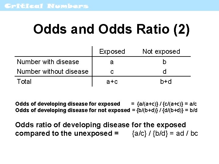 Odds and Odds Ratio (2) Exposed Number with disease Number without disease Total Not