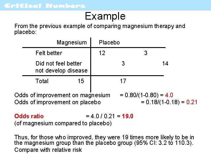 Example From the previous example of comparing magnesium therapy and placebo: Magnesium Felt better