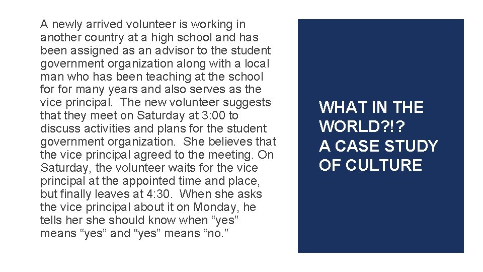 A newly arrived volunteer is working in another country at a high school and