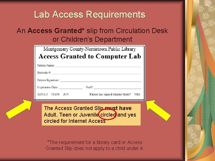 Lab Access Requirements An Access Granted* slip from Circulation Desk or Children’s Department The