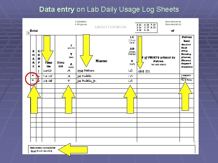 Data entry on Lab Daily Usage Log Sheets 