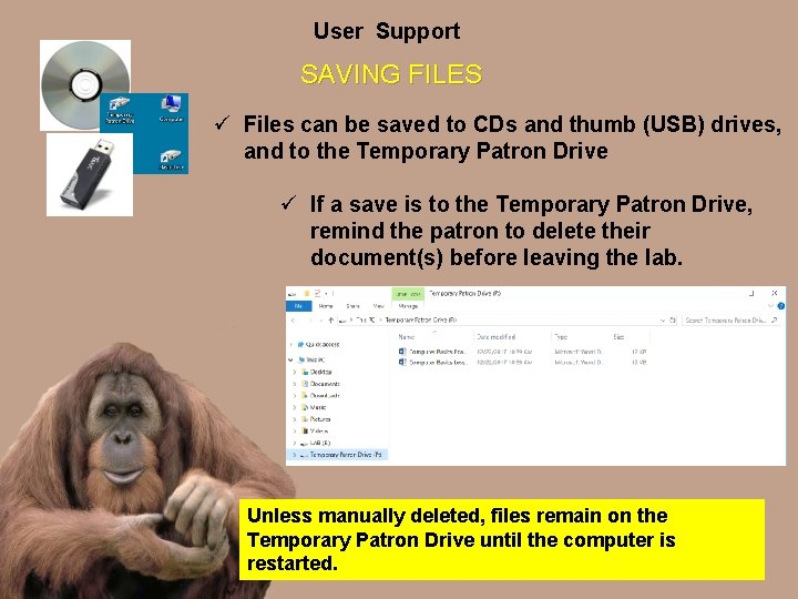 User Support SAVING FILES ü Files can be saved to CDs and thumb (USB)