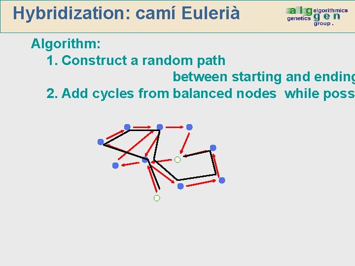Hybridization: camí Eulerià Algorithm: 1. Construct a random path between starting and ending 2.