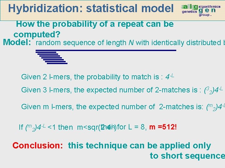 Hybridization: statistical model How the probability of a repeat can be computed? Model: random