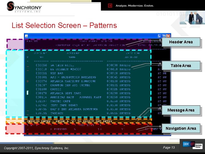 List Selection Screen – Patterns Header Area Table Area Message Area Navigation Area Copyright List Selection Screen – Patterns Header Area Table Area Message Area Navigation Area Copyright