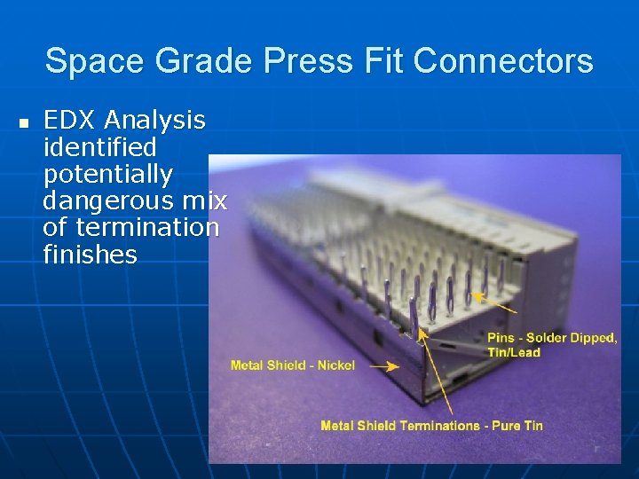 Space Grade Press Fit Connectors n EDX Analysis identified potentially dangerous mix of termination
