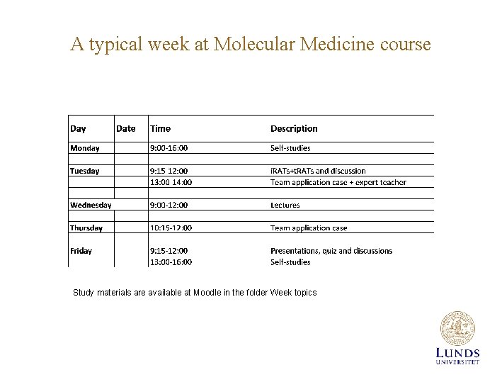 A typical week at Molecular Medicine course Study materials are available at Moodle in
