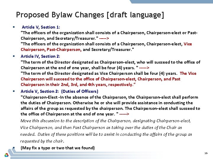 Proposed Bylaw Changes [draft language] Article V, Section 1: "The officers of the organization