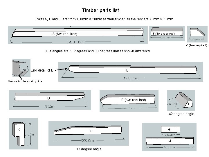 Timber parts list Parts A, F and G are from 100 mm X 50