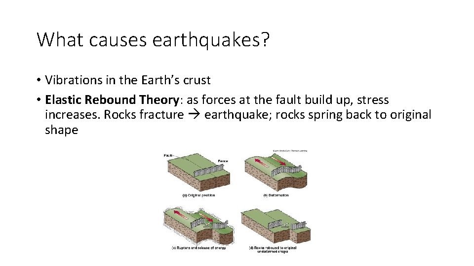 What causes earthquakes? • Vibrations in the Earth’s crust • Elastic Rebound Theory: as